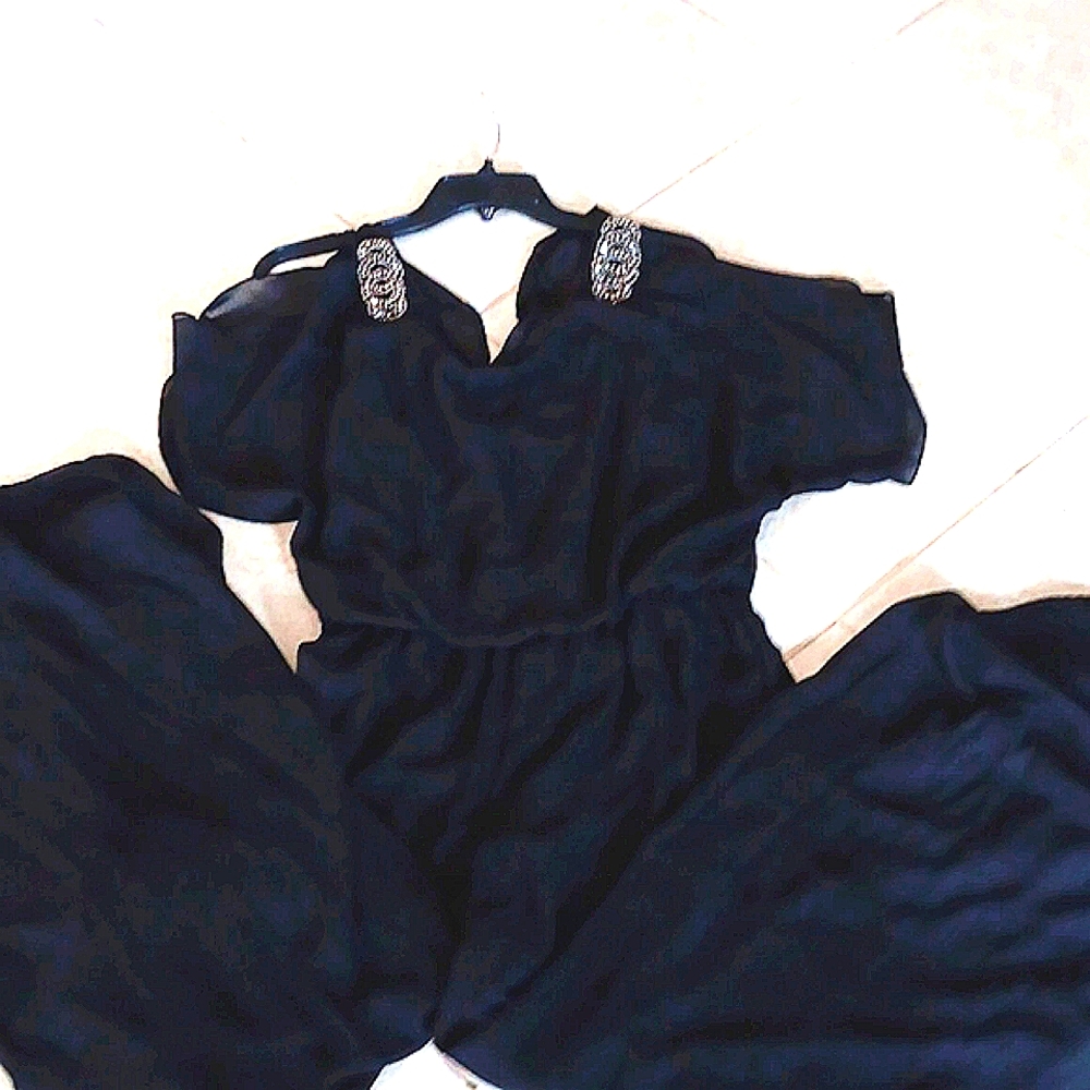 EUC Size 10, Chiffon like evening jumpsuit with beading.